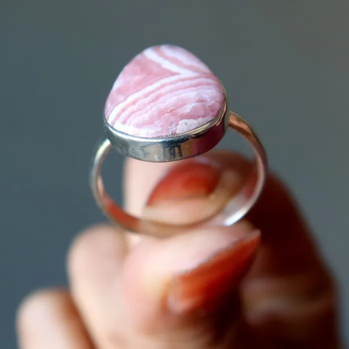Rhodochrosite Ring Teardrop of Joy Sterling Silver Size 10 Satin Crystals Rings