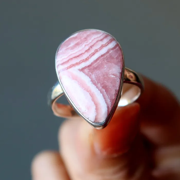 Rhodochrosite Ring Teardrop of Joy Sterling Silver Size 10 Satin Crystals Rings