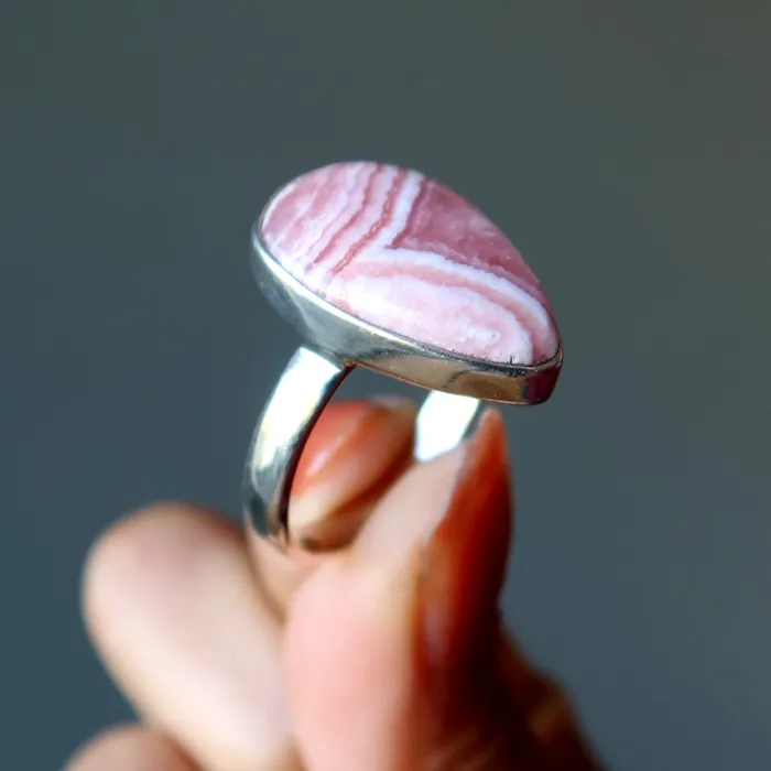 Rhodochrosite Ring Teardrop of Joy Sterling Silver Size 10 Satin Crystals Rings