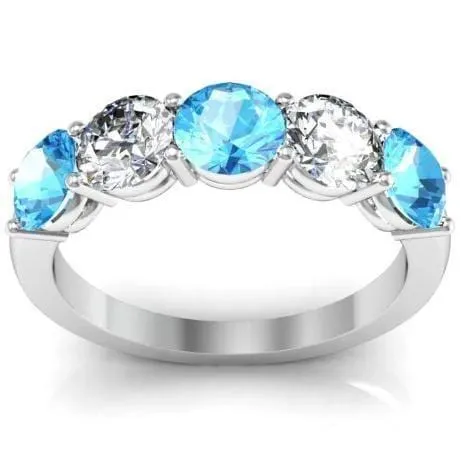 Rings 200cttw Shared Prong 5 Stone Ring with Diamond and Aquamarine deBebians Rings 200cttw Shared Prong 5 Stone Ring with Diamond and Aquamarine deBebians