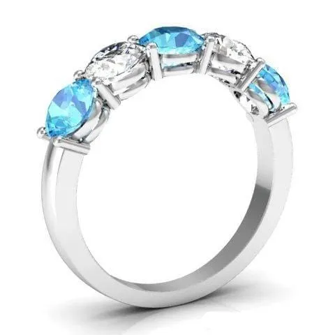 Rings 200cttw Shared Prong 5 Stone Ring with Diamond and Aquamarine deBebians