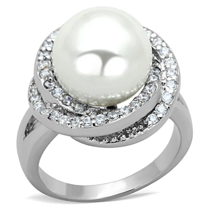 Rings Alamode 3W759 Rhodium Brass Ring with Synthetic Pearl in White