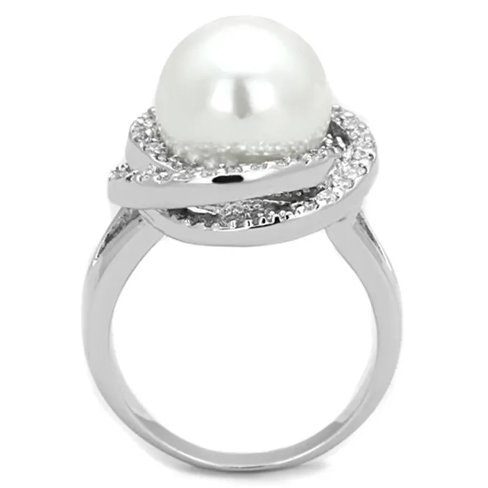 Rings Alamode 3W759 Rhodium Brass Ring with Synthetic Pearl in White