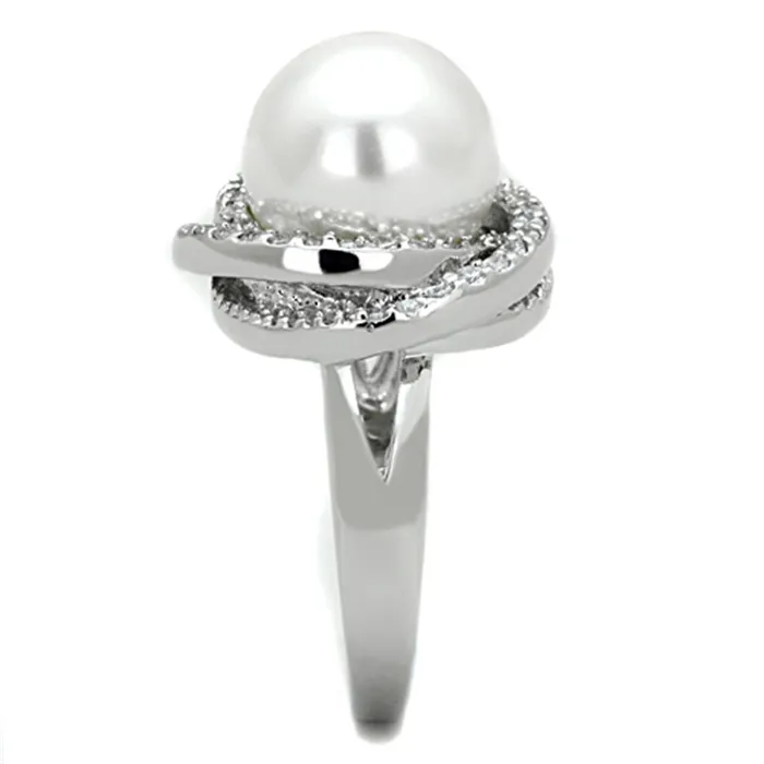 Rings Alamode 3W759 Rhodium Brass Ring with Synthetic Pearl in White