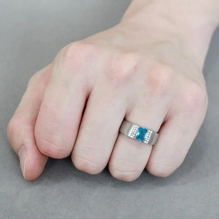 Rings Alamode DA344 No Plating Stainless Steel Ring with Synthetic Synthetic Glass in Sea Blue