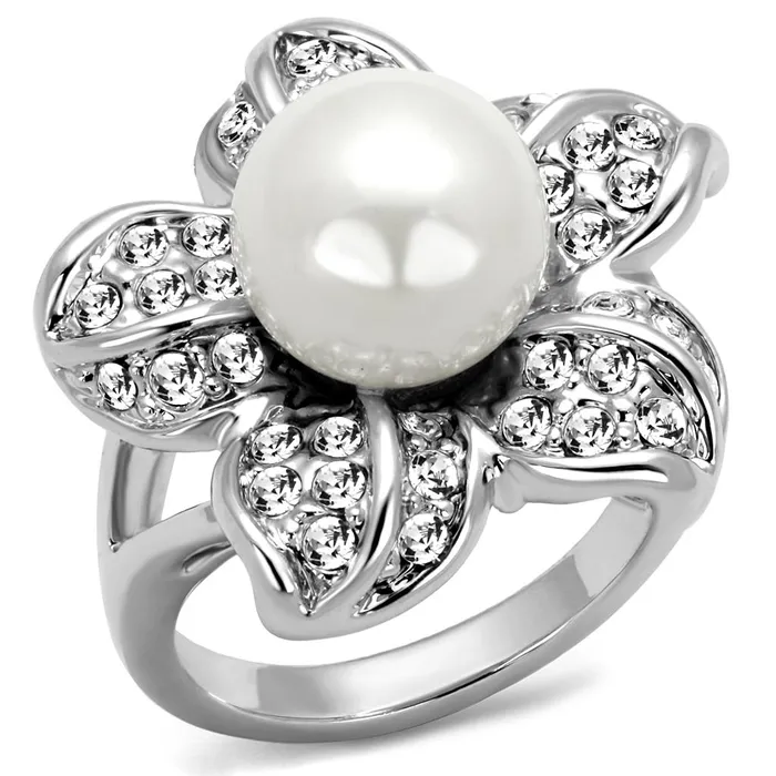 Rings Alamode LO4088 Rhodium Brass Ring with Synthetic Pearl in White