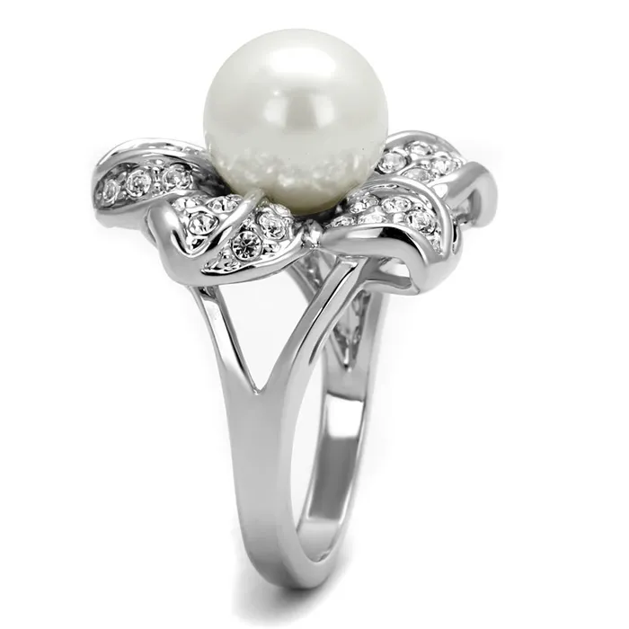 Rings Alamode LO4088 Rhodium Brass Ring with Synthetic Pearl in White