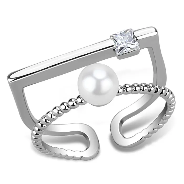 Rings Alamode LO4263 Rhodium Brass Ring with Synthetic Pearl in White