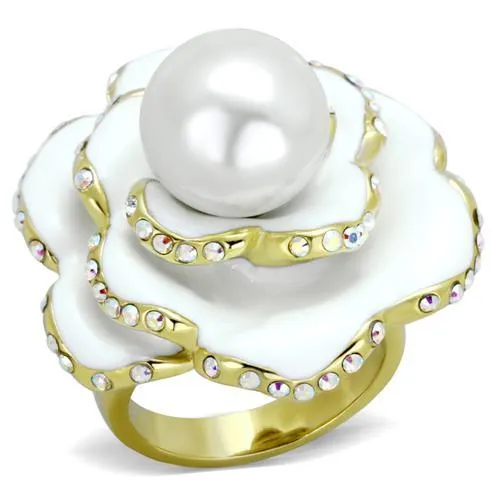 Rings Alamode TK1847 IP GoldIon Plating Stainless Steel Ring with Synthetic Pearl in White Rings Alamode TK1847 IP GoldIon Plating Stainless Steel Ring with Synthetic Pearl in White