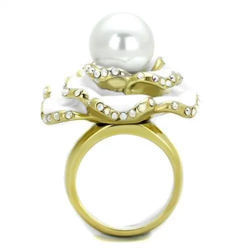 Rings Alamode TK1847 IP GoldIon Plating Stainless Steel Ring with Synthetic Pearl in White