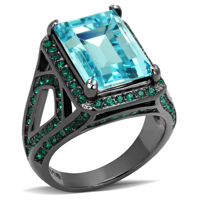 Rings Alamode TK2988 IP Light Black IP Gun Stainless Steel Ring with Top Grade Crystal in Sea Blue Rings Alamode TK2988 IP Light Black IP Gun Stainless Steel Ring with Top Grade Crystal in Sea Blue