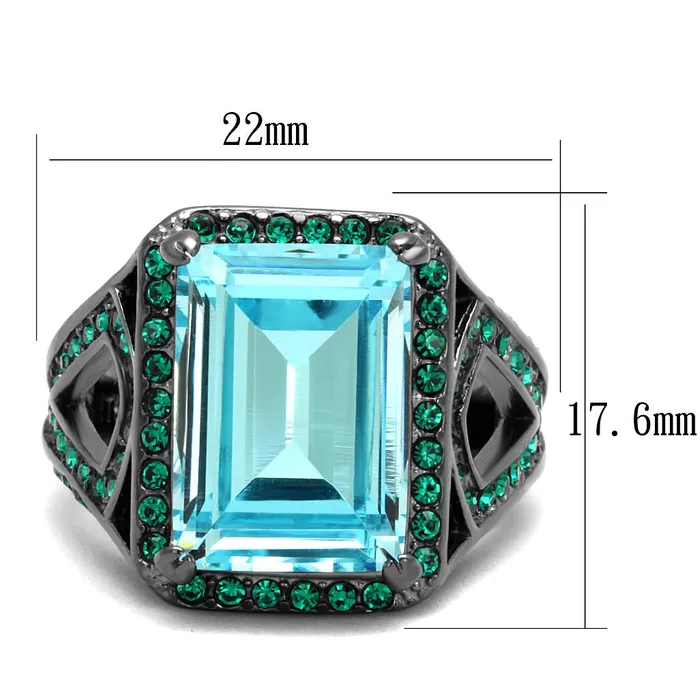 Rings Alamode TK2988 IP Light Black IP Gun Stainless Steel Ring with Top Grade Crystal in Sea Blue