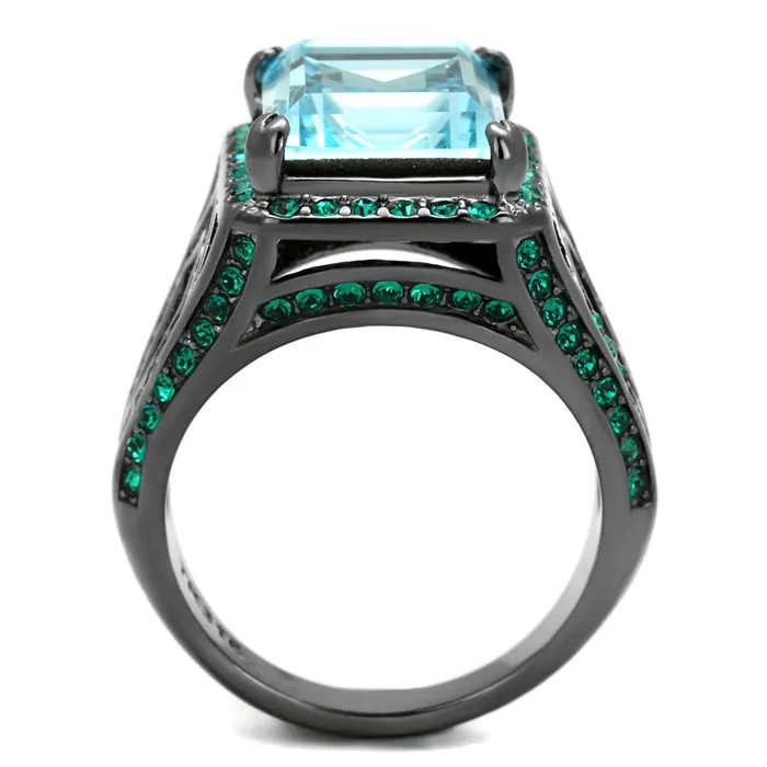 Rings Alamode TK2988 IP Light Black IP Gun Stainless Steel Ring with Top Grade Crystal in Sea Blue