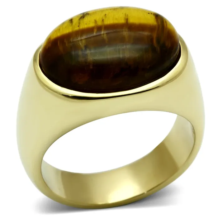 Rings Alamode TK718 IP GoldIon Plating Stainless Steel Ring with Synthetic Tiger Eye in Topaz Rings Alamode TK718 IP GoldIon Plating Stainless Steel Ring with Synthetic Tiger Eye in Topaz