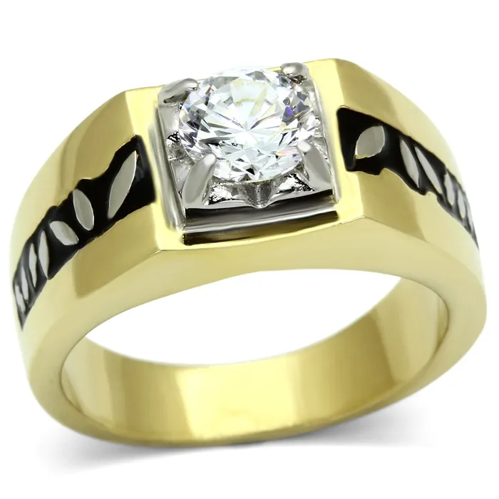 Rings Alamode TK739 TwoTone IP Gold Ion Plating Stainless Steel Ring with AAA Grade CZ in Clear Rings Alamode TK739 TwoTone IP Gold Ion Plating Stainless Steel Ring with AAA Grade CZ in Clear