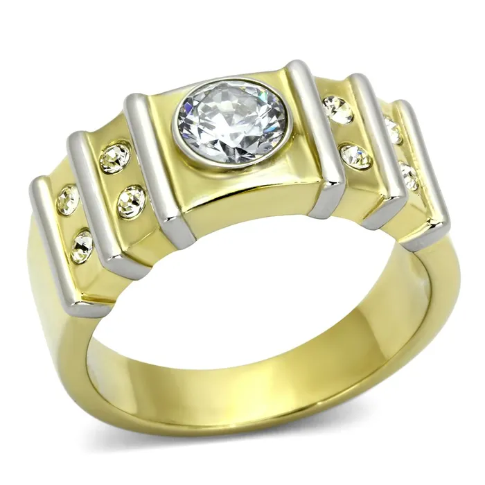 Rings Alamode TK797 TwoTone IP Gold Ion Plating Stainless Steel Ring with AAA Grade CZ in Clear Rings Alamode TK797 TwoTone IP Gold Ion Plating Stainless Steel Ring with AAA Grade CZ in Clear