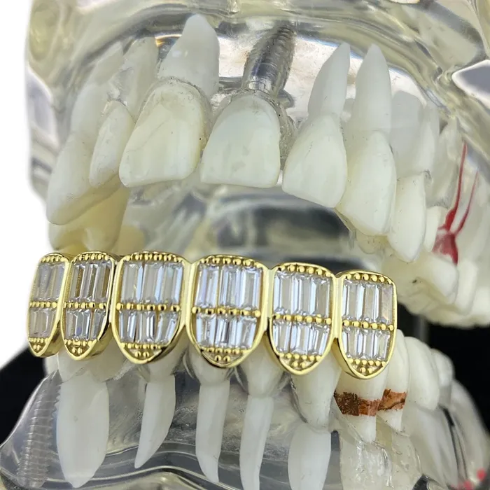 Rings Bling Cartel Admin 14K Gold Plated over 925 Sterling Silver Six Bottom Teeth CZ Baguette Grillz