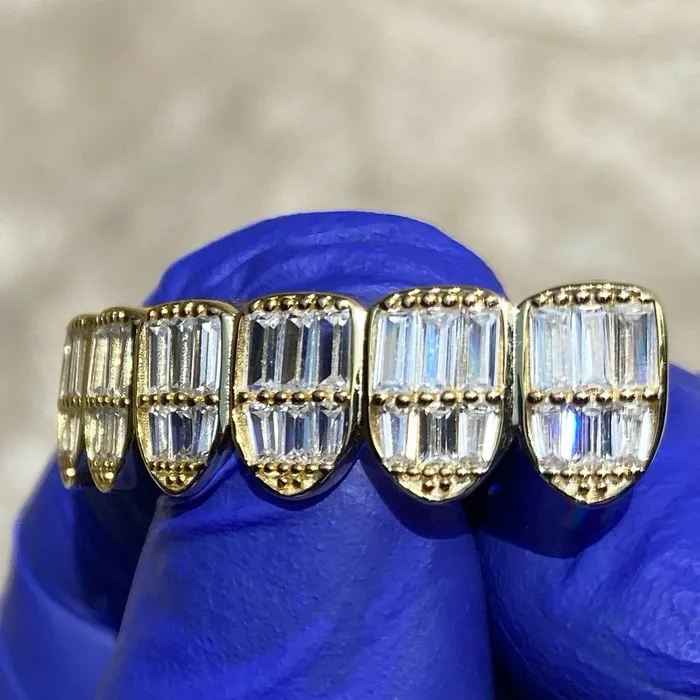 Rings Bling Cartel Admin 14K Gold Plated over 925 Sterling Silver Six Bottom Teeth CZ Baguette Grillz