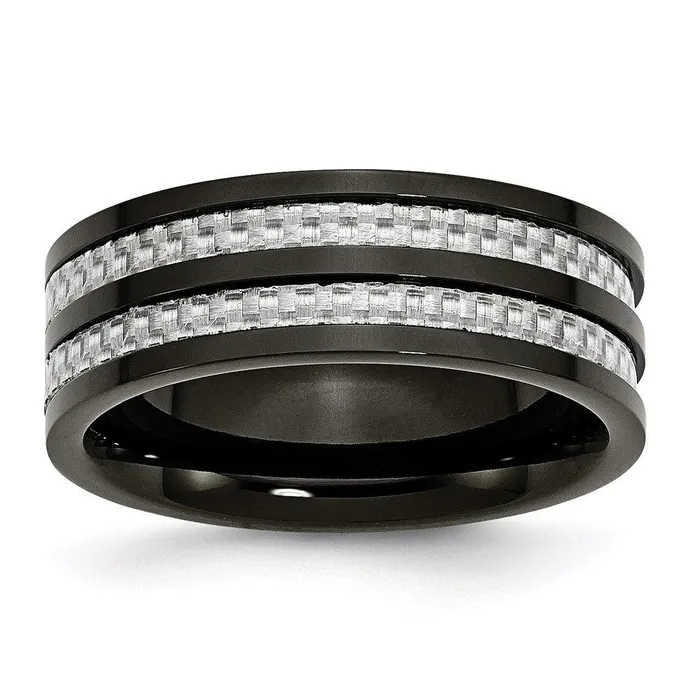 Rings Chisel Stainless Steel Polished 8mm Black IPplated Grey Carbon Fiber Inlay Band Rings Chisel Stainless Steel Polished 8mm Black IPplated Grey Carbon Fiber Inlay Band