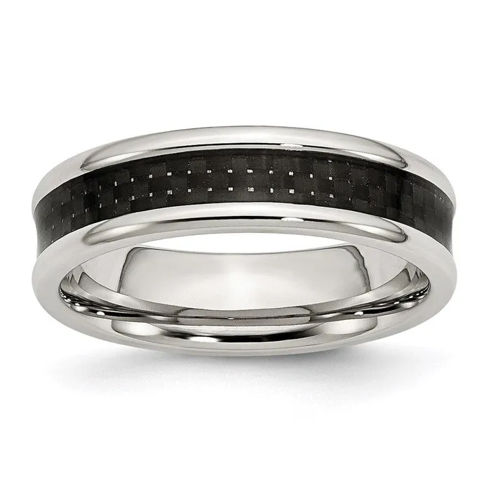 Rings Chisel Stainless Steel Polished Black Carbon Fiber Inlay 6mm Band