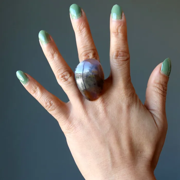 Rings Satin Crystals Dendritic Agate Ring Sea Antiqued Bronze Adjustable