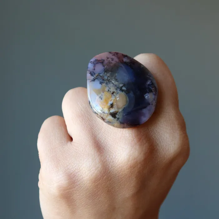 Rings Satin Crystals Dendritic Agate Ring Sea Antiqued Bronze Adjustable