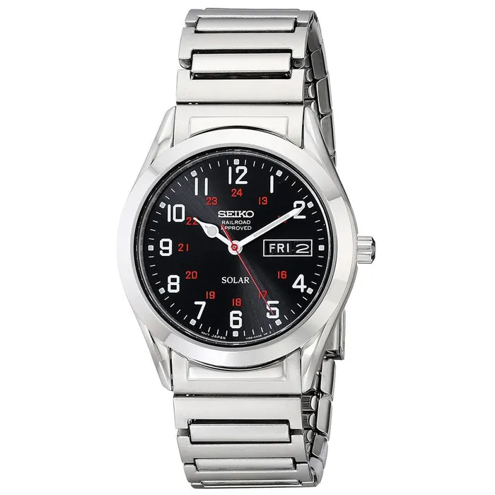 Rings Seiko Seiko SNE179 Mens Core Railroad Approved Solar Black Dial Steel Expansion Band Watch