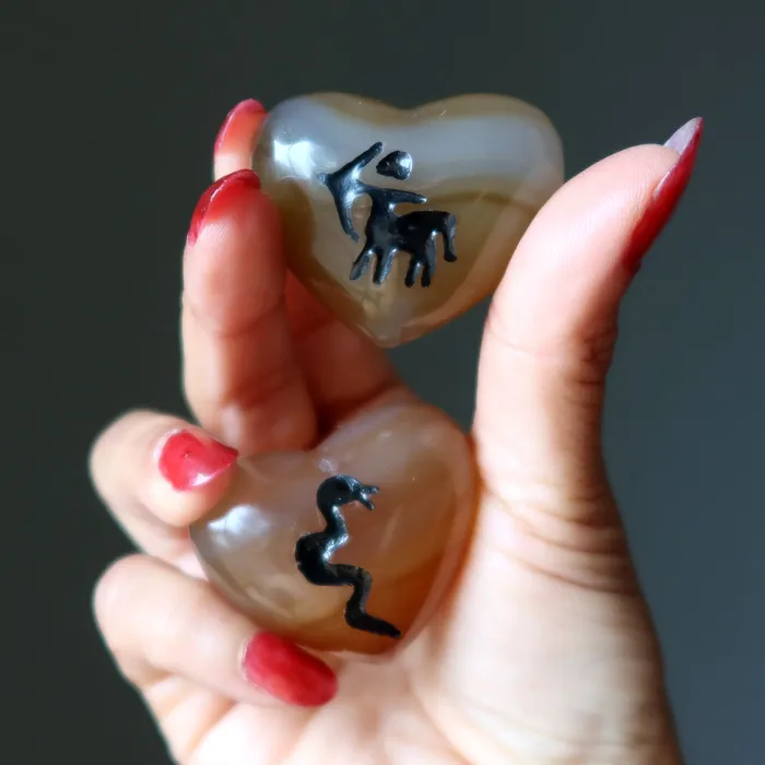 Satin Crystals Carnelian Heart Inscribed Centaur or Snake Necklaces