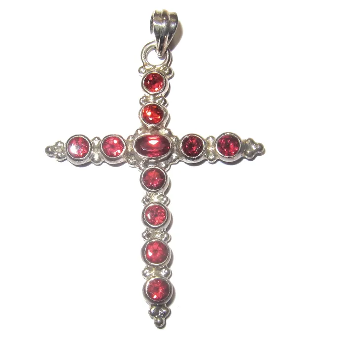 Satin Crystals Necklaces Garnet Pendant Holy Cross Protection Red Gems Sterling Silver Satin Crystals Necklaces Garnet Pendant Holy Cross Protection Red Gems Sterling Silver