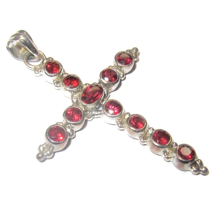 Satin Crystals Necklaces Garnet Pendant Holy Cross Protection Red Gems Sterling Silver
