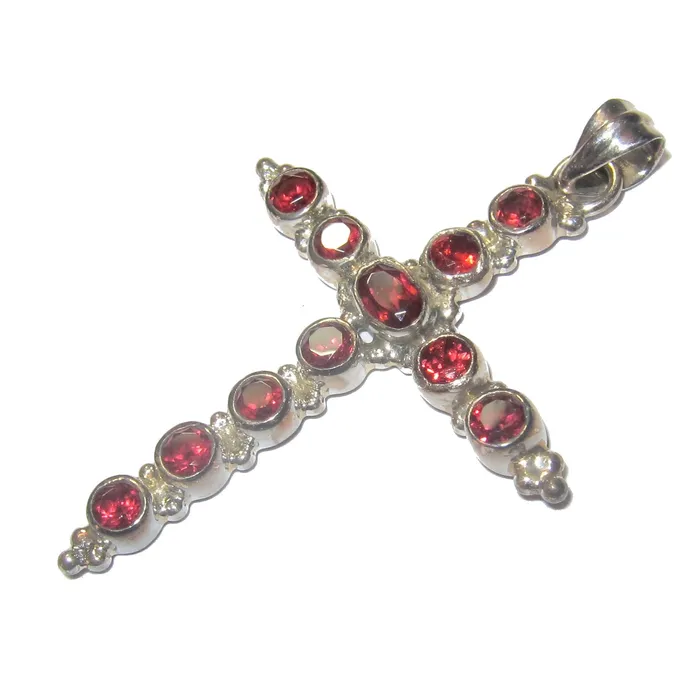 Satin Crystals Necklaces Garnet Pendant Holy Cross Protection Red Gems Sterling Silver
