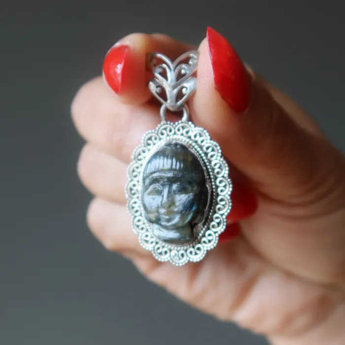 Satin Crystals Necklaces Labradorite Pendant Zen Blue Buddha Sterling Silver