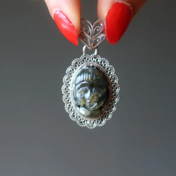 Satin Crystals Necklaces Labradorite Pendant Zen Blue Buddha Sterling Silver