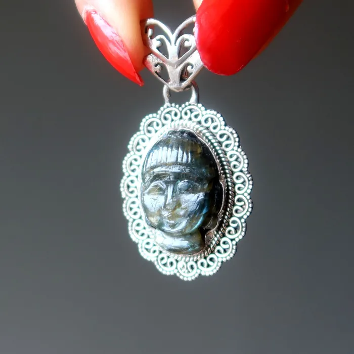 Satin Crystals Necklaces Labradorite Pendant Zen Blue Buddha Sterling Silver
