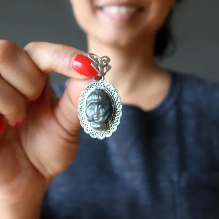 Satin Crystals Necklaces Labradorite Pendant Zen Blue Buddha Sterling Silver