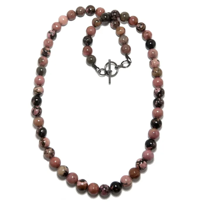 Satin Crystals Rhodonite Necklace Pink Black Love Crystal Strand Necklaces