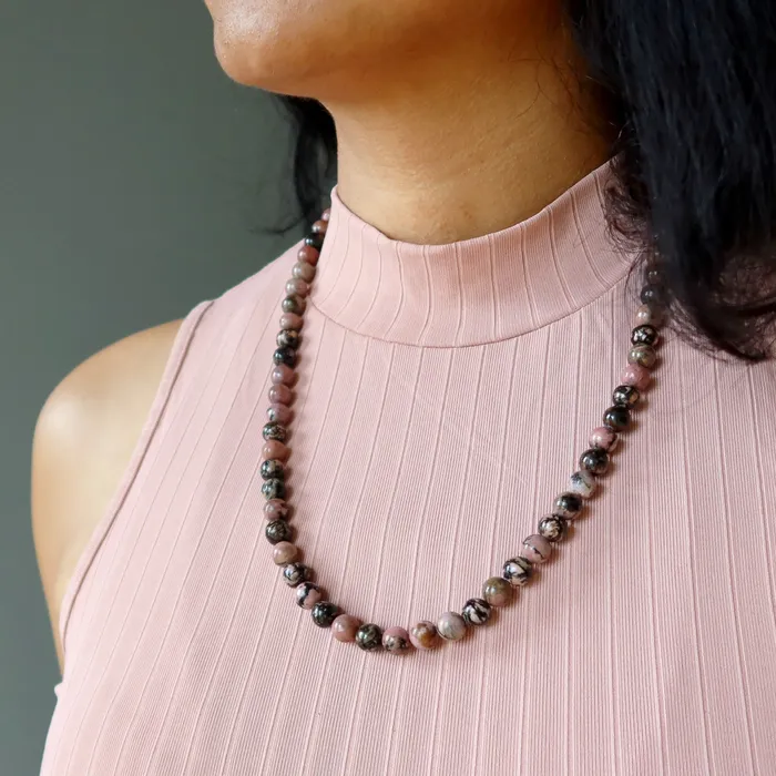 Satin Crystals Rhodonite Necklace Pink Black Love Crystal Strand Necklaces