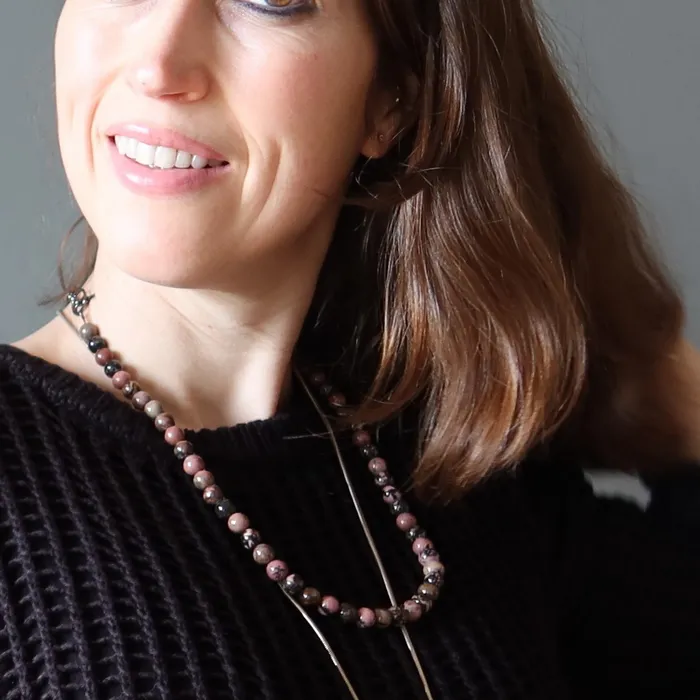 Satin Crystals Rhodonite Necklace Pink Black Love Crystal Strand Necklaces