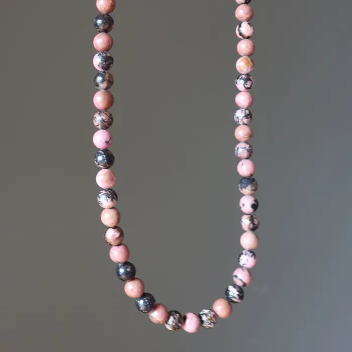 Satin Crystals Rhodonite Necklace Pink Black Love Crystal Strand Necklaces