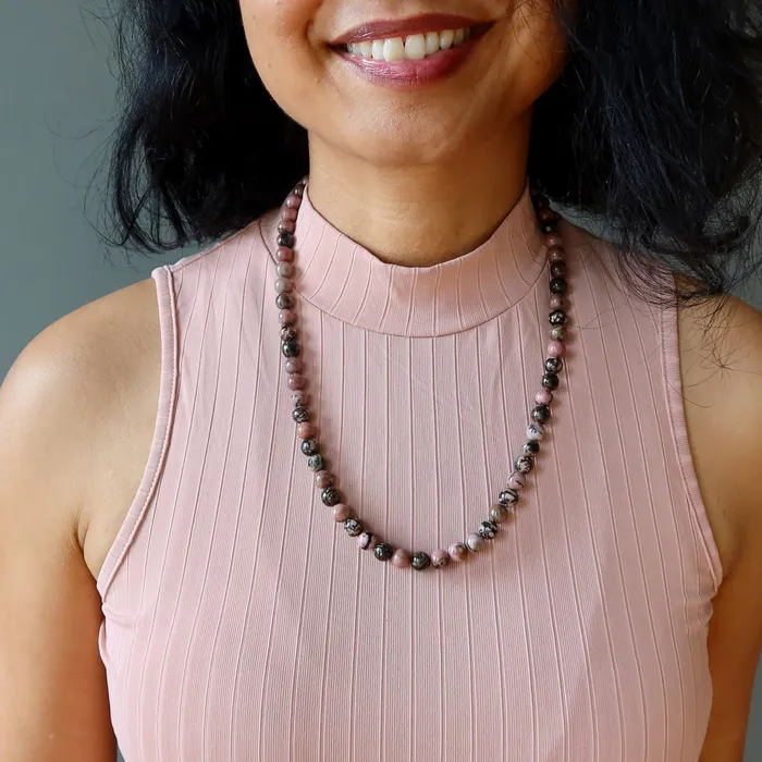 Satin Crystals Rhodonite Necklace Pink Black Love Crystal Strand Necklaces