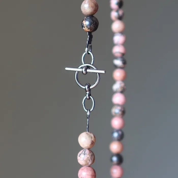 Satin Crystals Rhodonite Necklace Pink Black Love Crystal Strand Necklaces