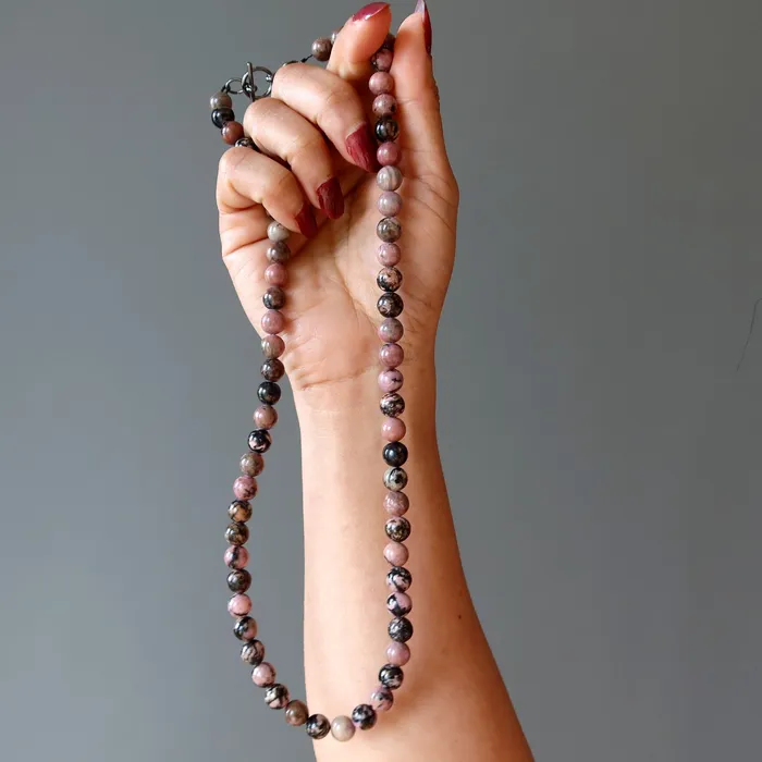 Satin Crystals Rhodonite Necklace Pink Black Love Crystal Strand Necklaces
