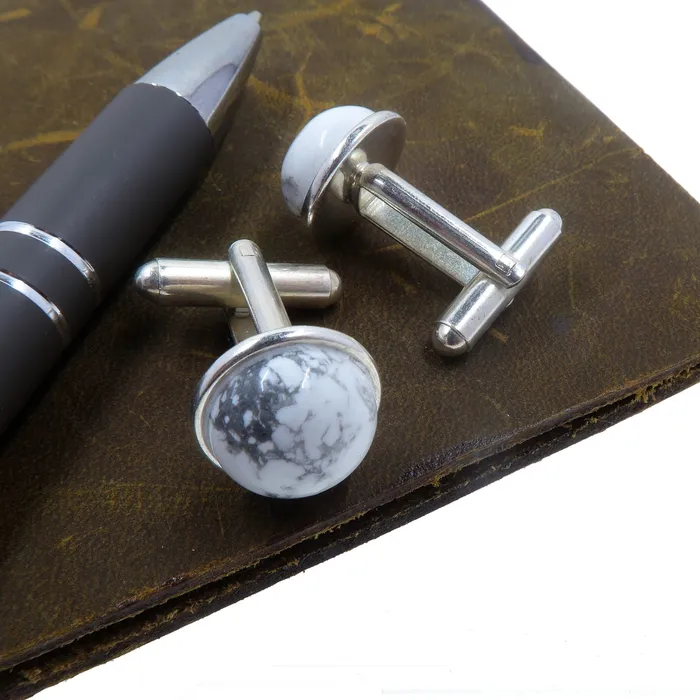 Satin Crystals Rings Howlite Cufflinks White Stone Style Setter Silver