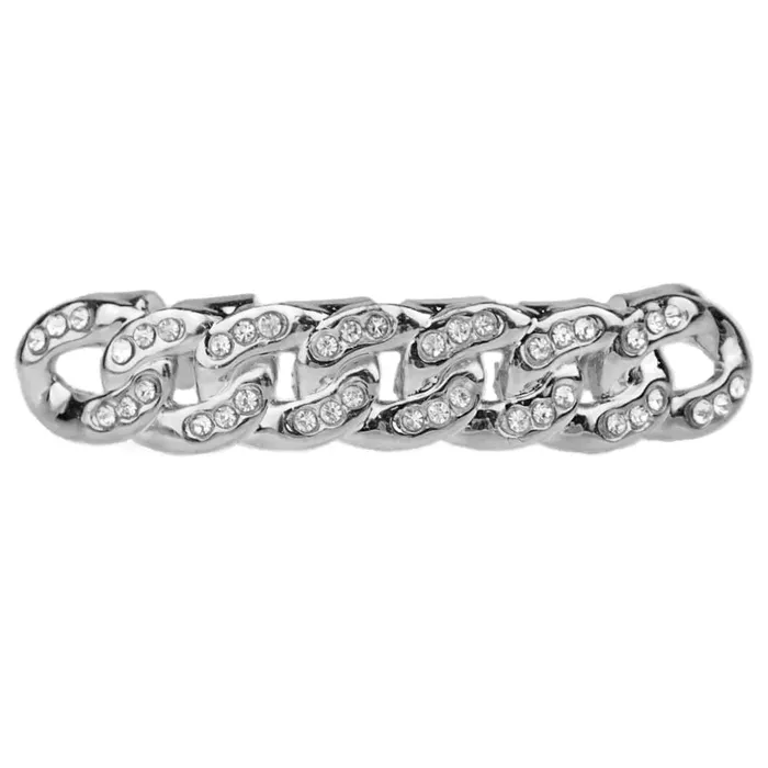 Silver Tone Cuban Link Iced Bottom Teeth Grillz Bling Cartel Admin Rings