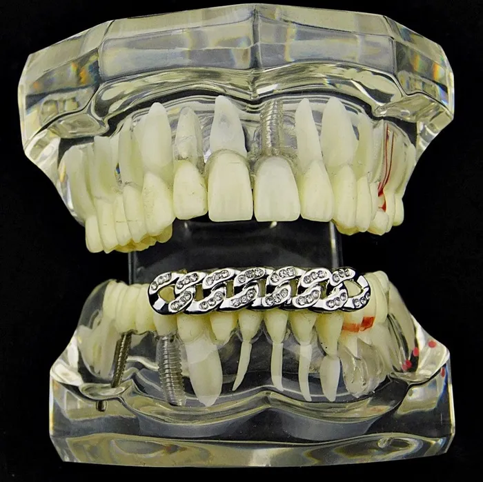 Silver Tone Cuban Link Iced Bottom Teeth Grillz Bling Cartel Admin Rings