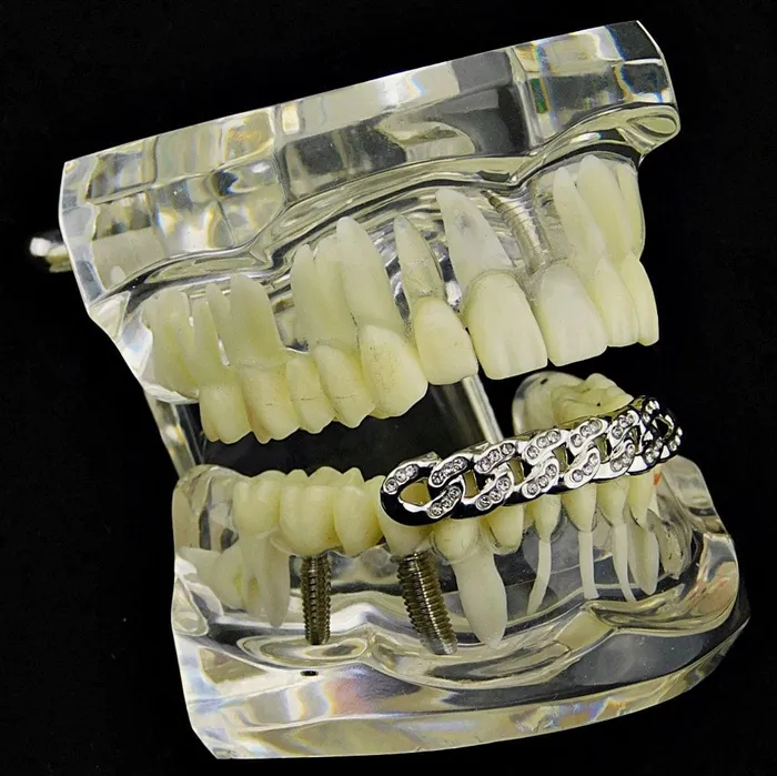 Silver Tone Cuban Link Iced Bottom Teeth Grillz Bling Cartel Admin Rings