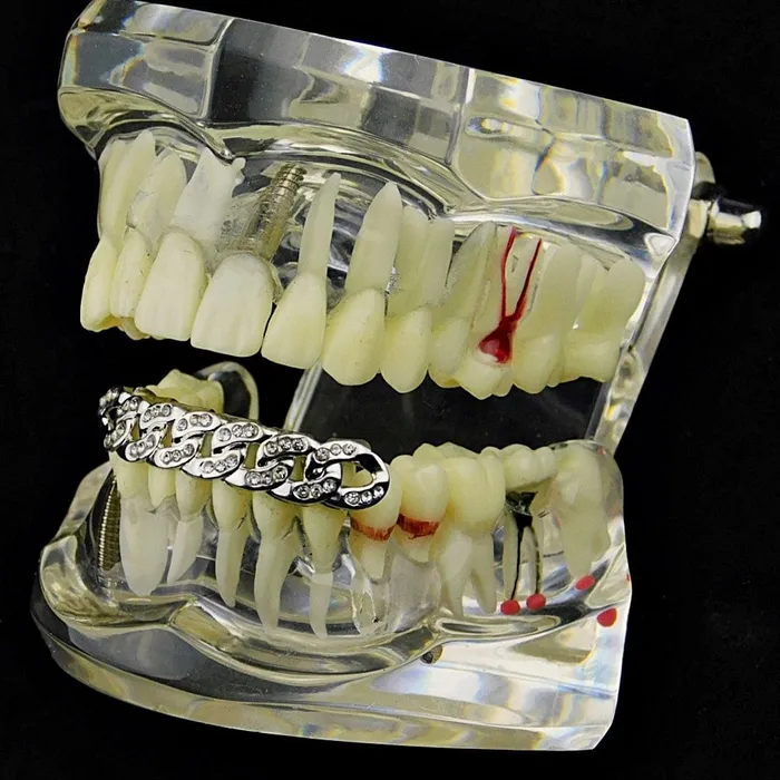 Silver Tone Cuban Link Iced Bottom Teeth Grillz Bling Cartel Admin Rings