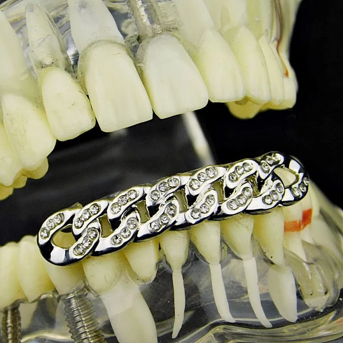 Silver Tone Cuban Link Iced Bottom Teeth Grillz Bling Cartel Admin Rings