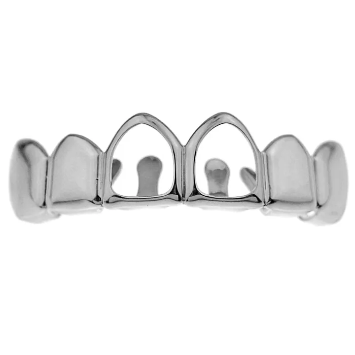 Silver Tone Two Open Face Hollow Top Teeth Grillz Bling Cartel Admin Rings