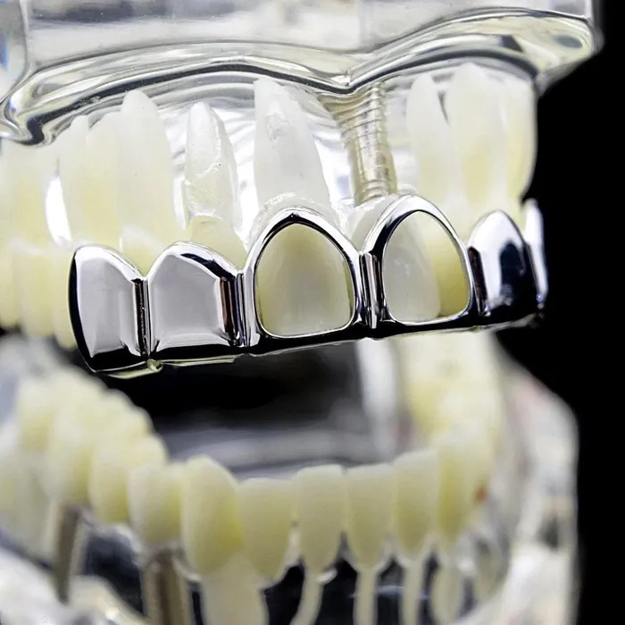 Silver Tone Two Open Face Hollow Top Teeth Grillz Bling Cartel Admin Rings